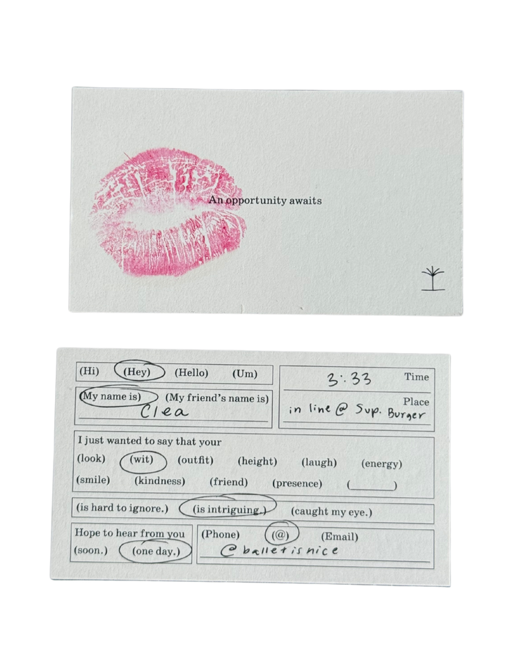 Two Acquaintance Cards: one with a lipstick kiss, one filled in with a name and a note